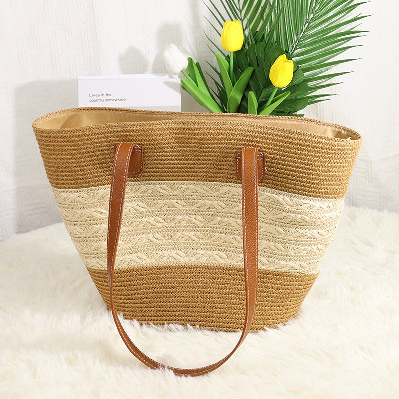New French Style Paper Strips Woven Bag Pastoral Style Seaside Beach Large Capacity Striped Shoulder Bag Vegetable Basket - Image 4