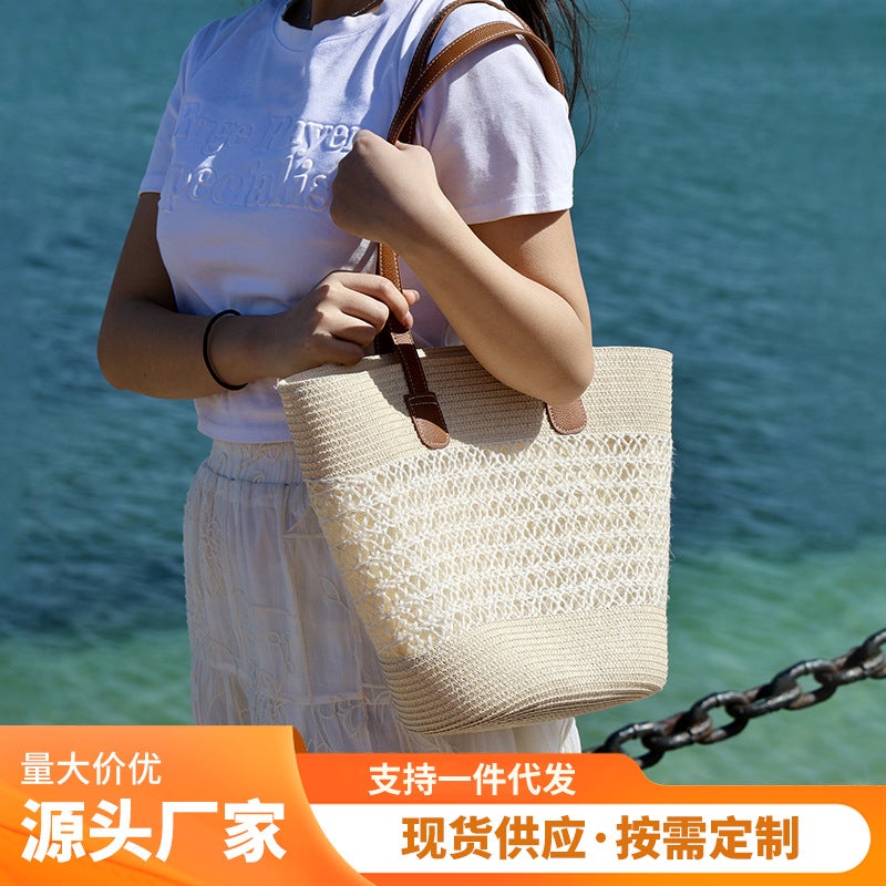 New French Style Paper Strips Woven Bag Pastoral Style Seaside Beach Large Capacity Striped Shoulder Bag Vegetable Basket - Image 2