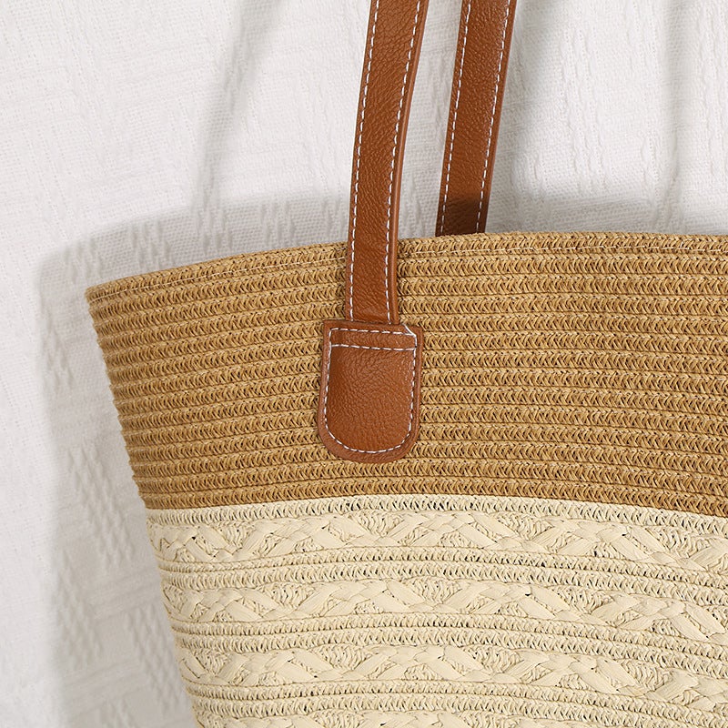 New French Style Paper Strips Woven Bag Pastoral Style Seaside Beach Large Capacity Striped Shoulder Bag Vegetable Basket - Image 5