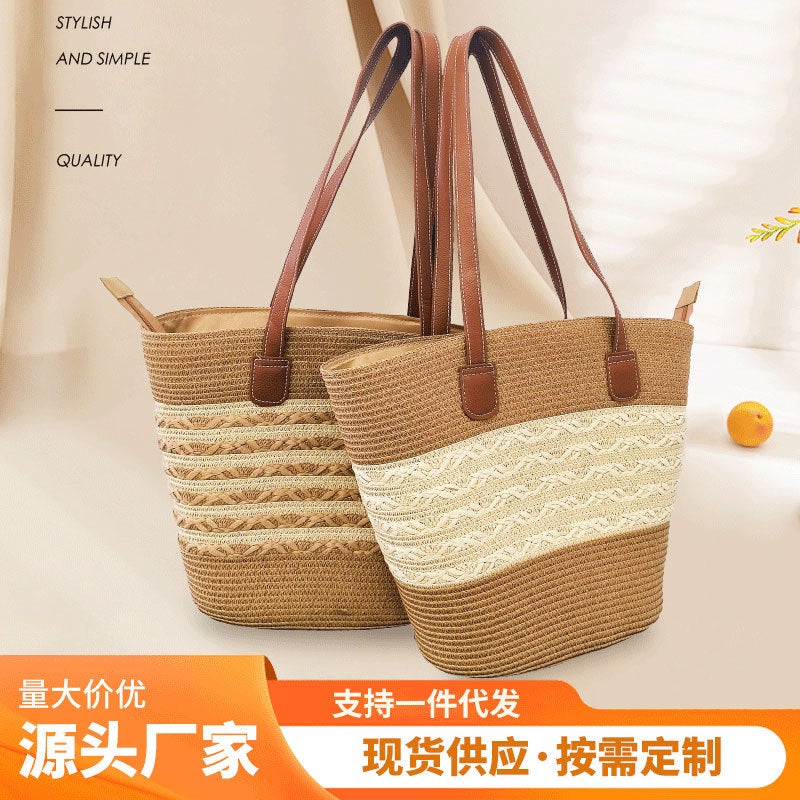 New French Style Paper Strips Woven Bag Pastoral Style Seaside Beach Large Capacity Striped Shoulder Bag Vegetable Basket - Image 3