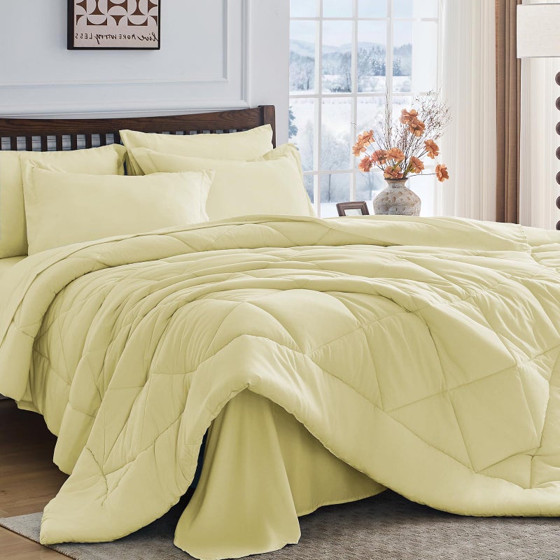 HEVUMYI Cream Yellow Queen Comforter Set - 7-Piece All Season Bed in a Bag Queen, Ultra Soft Bedding Set with Comforter, Flat Sheet, Fitted Sheet, Pillowcases, Pillow Shams - Image 1