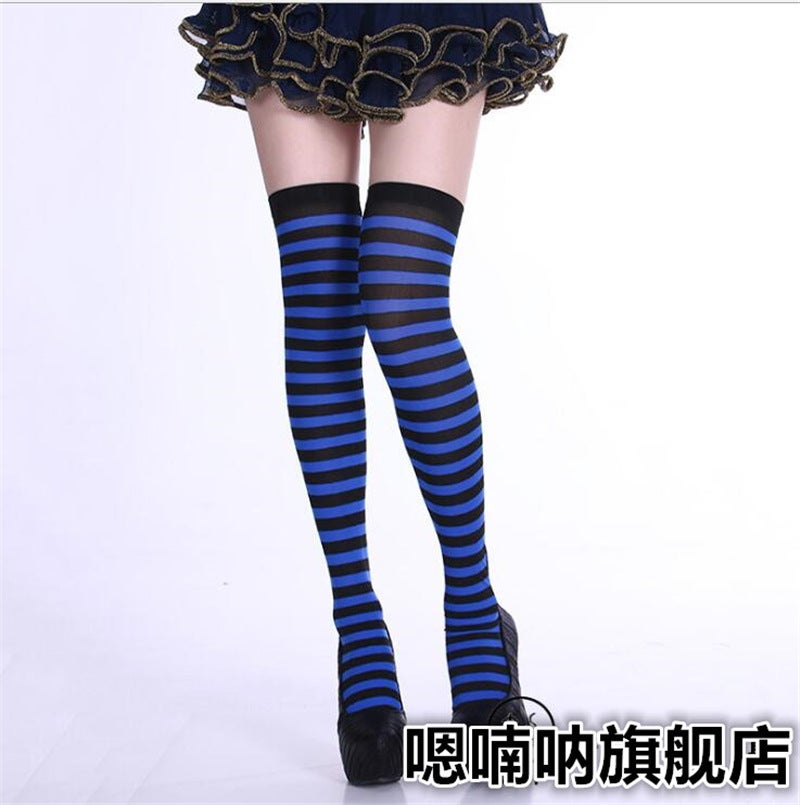 Halloween Day Cosplay Color Stitching Striped Thigh Socks Christmas Siaman Pantyhose Stockings Wholesale Blue and black striped thigh socks 