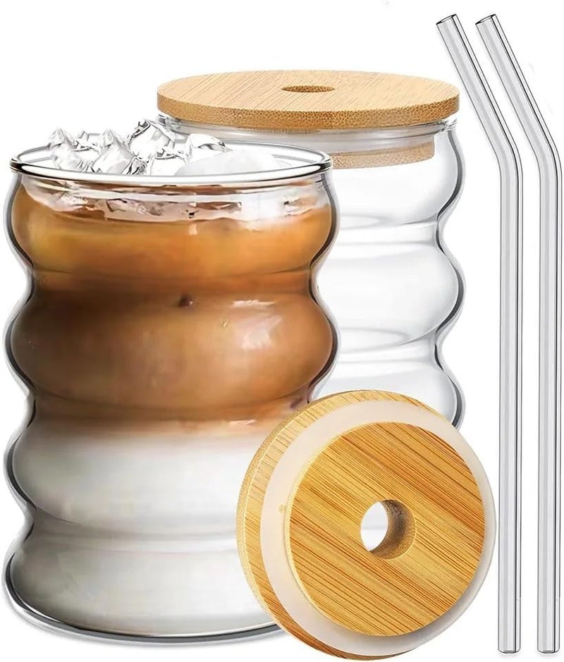 KELVEE Coffee Glass Tumbler with Bamboo Lid and Straw Pack of 1, 500ml Reusable Drinking Matcha Glasses Aesthetic Clear Multipurpose Cup For Water Juice Green Iced Tea Boba Home Travel (Wave With Lid) - Image 1