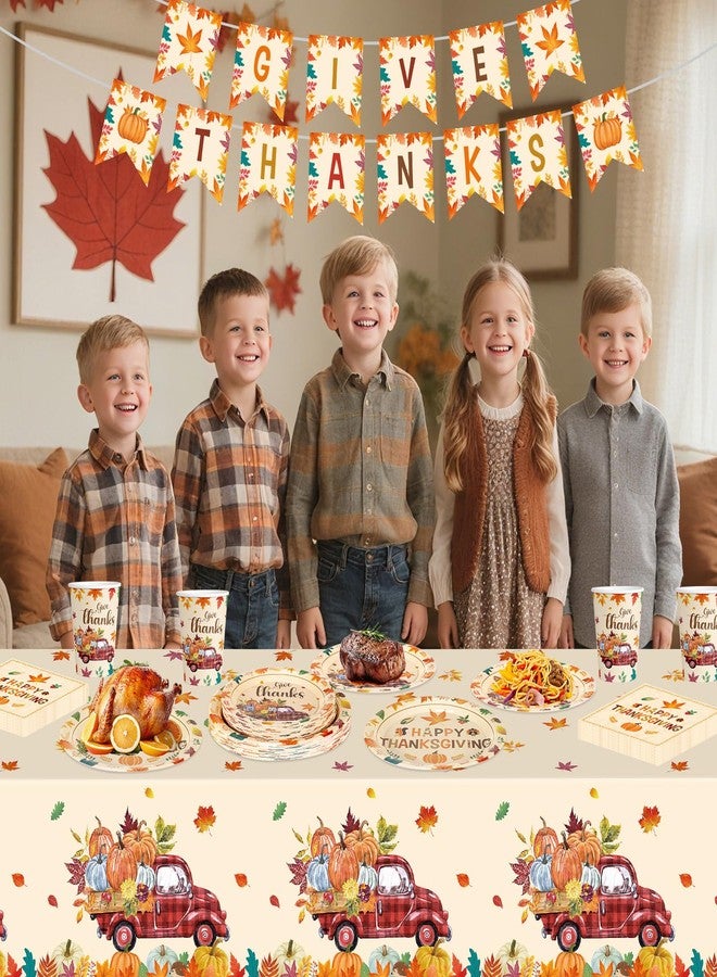 Litmitfu 102 Pcs Thanksgiving Party Supplies Sets - Includes Happy Thanksgiving Dinner Paper Plates Napkins, Give Thanks Banner Dessert Plates Cups Tablecloth for Fall Thanks Giving Party Decorations, Serve 25 - Image 2