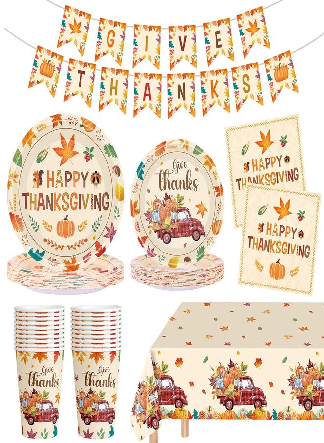 Litmitfu 102 Pcs Thanksgiving Party Supplies Sets - Includes Happy Thanksgiving Dinner Paper Plates Napkins, Give Thanks Banner Dessert Plates Cups Tablecloth for Fall Thanks Giving Party Decorations, Serve 25 - Image 1