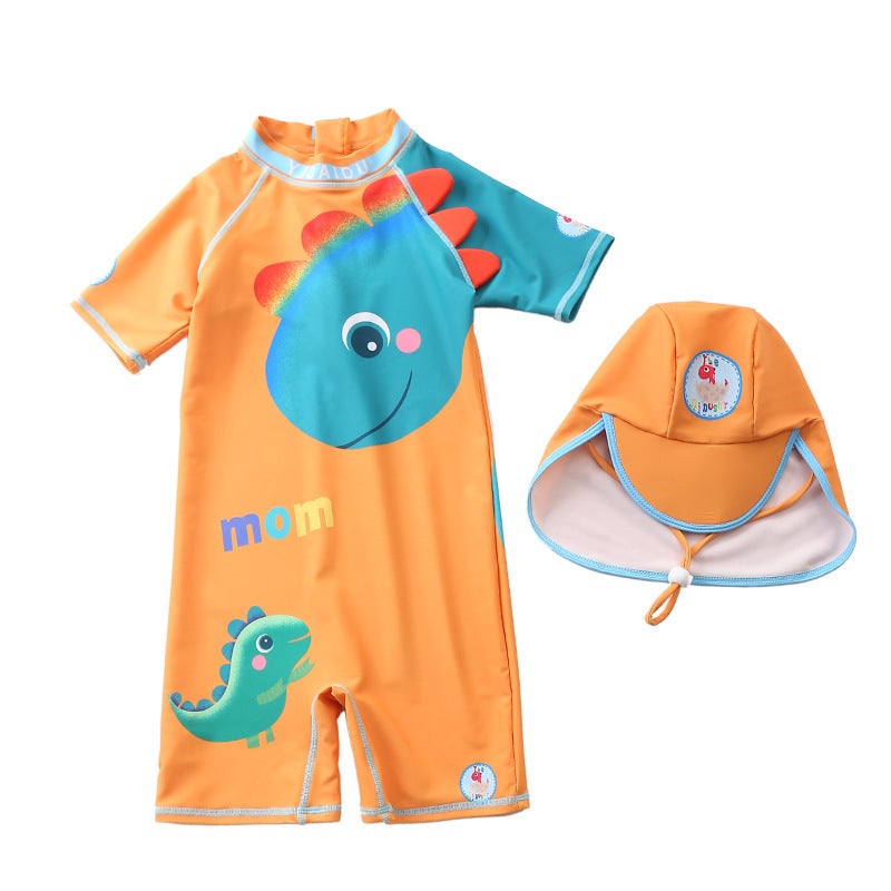 One-Piece Swimsuit for Boys, Toddlers, Infants, Boys'' Swimwear, Baby Boy Swimsuit, Dinosaur Element, Short-Sleeved Casual - Image 1