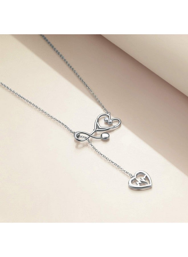 YFN Sterling Silver Stethoscope Jewelry Heartbeat Ekg Adjustable Lariat Y Necklace For Women Doctor Nurse Gift (Stethoscope Lariat Necklace) - Image 2