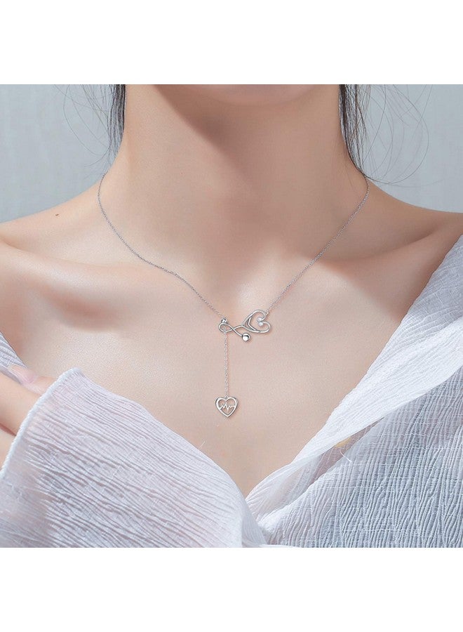 YFN Sterling Silver Stethoscope Jewelry Heartbeat Ekg Adjustable Lariat Y Necklace For Women Doctor Nurse Gift (Stethoscope Lariat Necklace) - Image 5