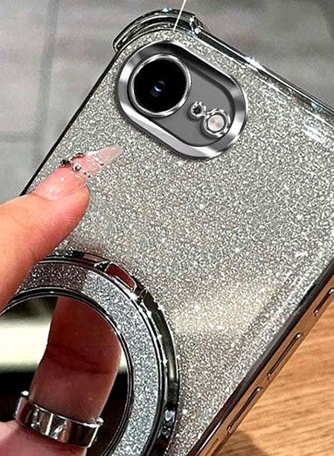 Magnetic Glitter Case for iPhone 16e，Camera Lens Protector，Sparkly Stand，Makeup Mirror，Luxury Gradient Shockproof iPhone 16 e Cover for Women Girls Gift，Silver - Image 3