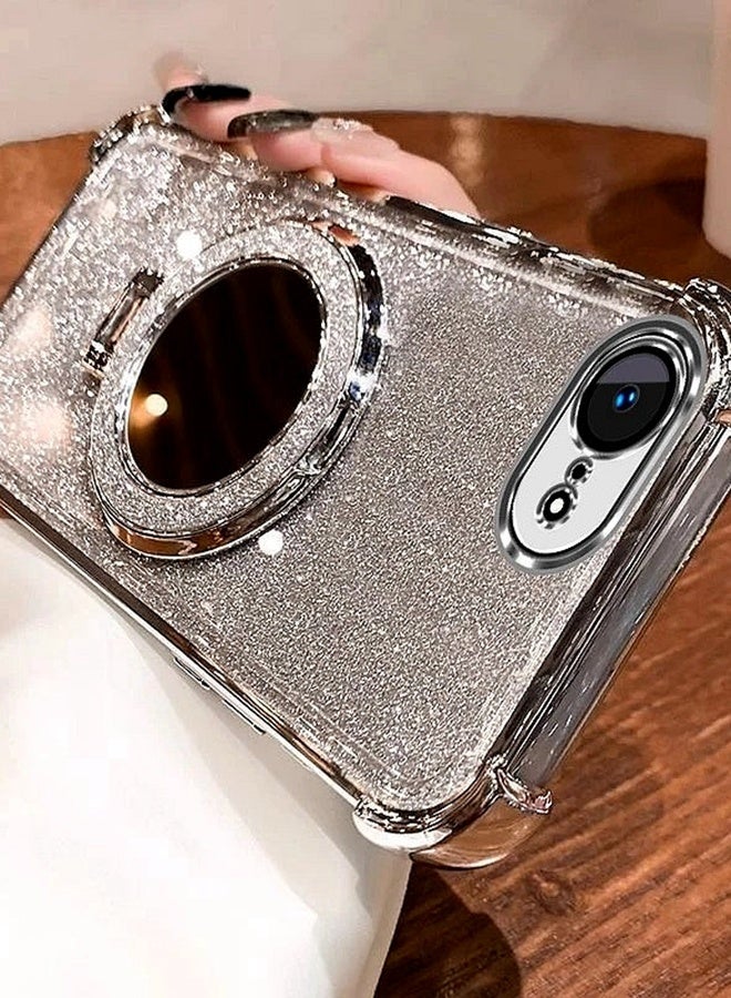Magnetic Glitter Case for iPhone 16e，Camera Lens Protector，Sparkly Stand，Makeup Mirror，Luxury Gradient Shockproof iPhone 16 e Cover for Women Girls Gift，Silver - Image 1