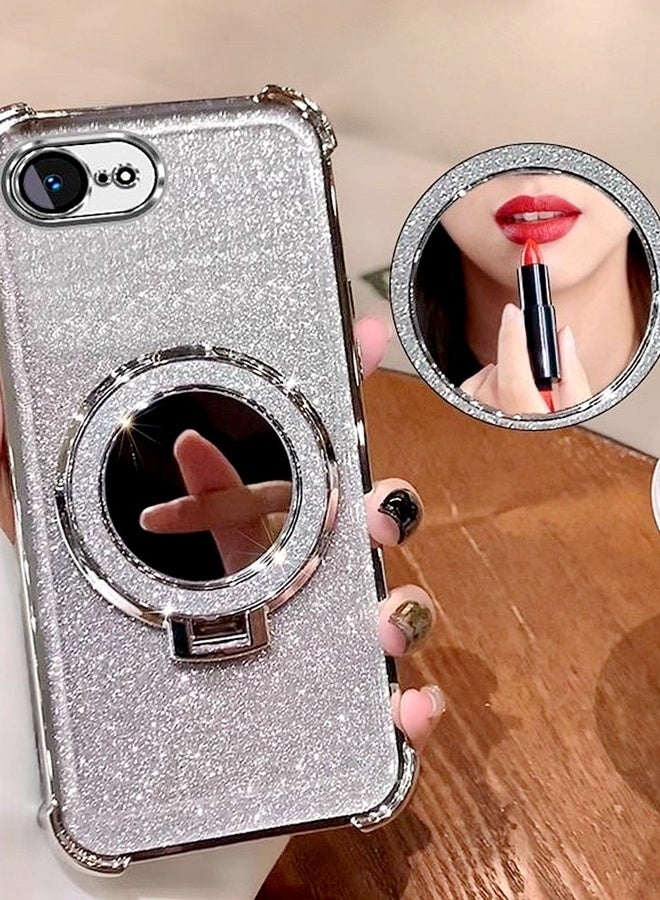 Magnetic Glitter Case for iPhone 16e，Camera Lens Protector，Sparkly Stand，Makeup Mirror，Luxury Gradient Shockproof iPhone 16 e Cover for Women Girls Gift，Silver - Image 2