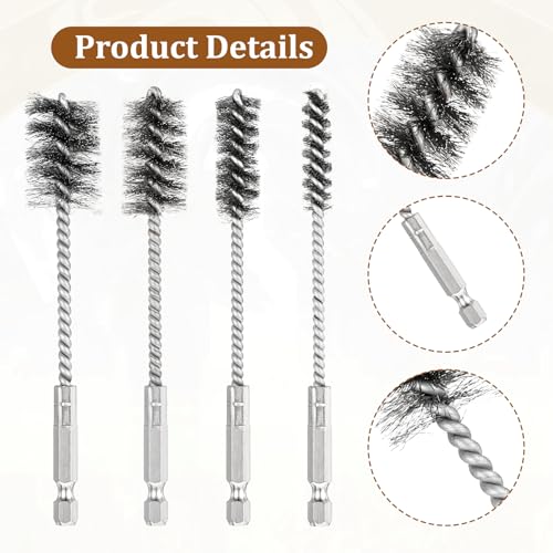 Trinkrittey 4 Pcs Stainless Steel Wire Brushes for Drill Stainless Steel Bore Brush Set 3/8'' 1/2'' 3/4'' 7/8'' Bristles Wire Brush with Hex Shank Handle for Drill Ports Tubes Bearings Cleaning Parts - Image 3
