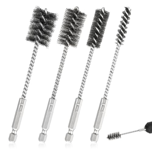 Trinkrittey 4 Pcs Stainless Steel Wire Brushes for Drill Stainless Steel Bore Brush Set 3/8'' 1/2'' 3/4'' 7/8'' Bristles Wire Brush with Hex Shank Handle for Drill Ports Tubes Bearings Cleaning Parts - Image 1