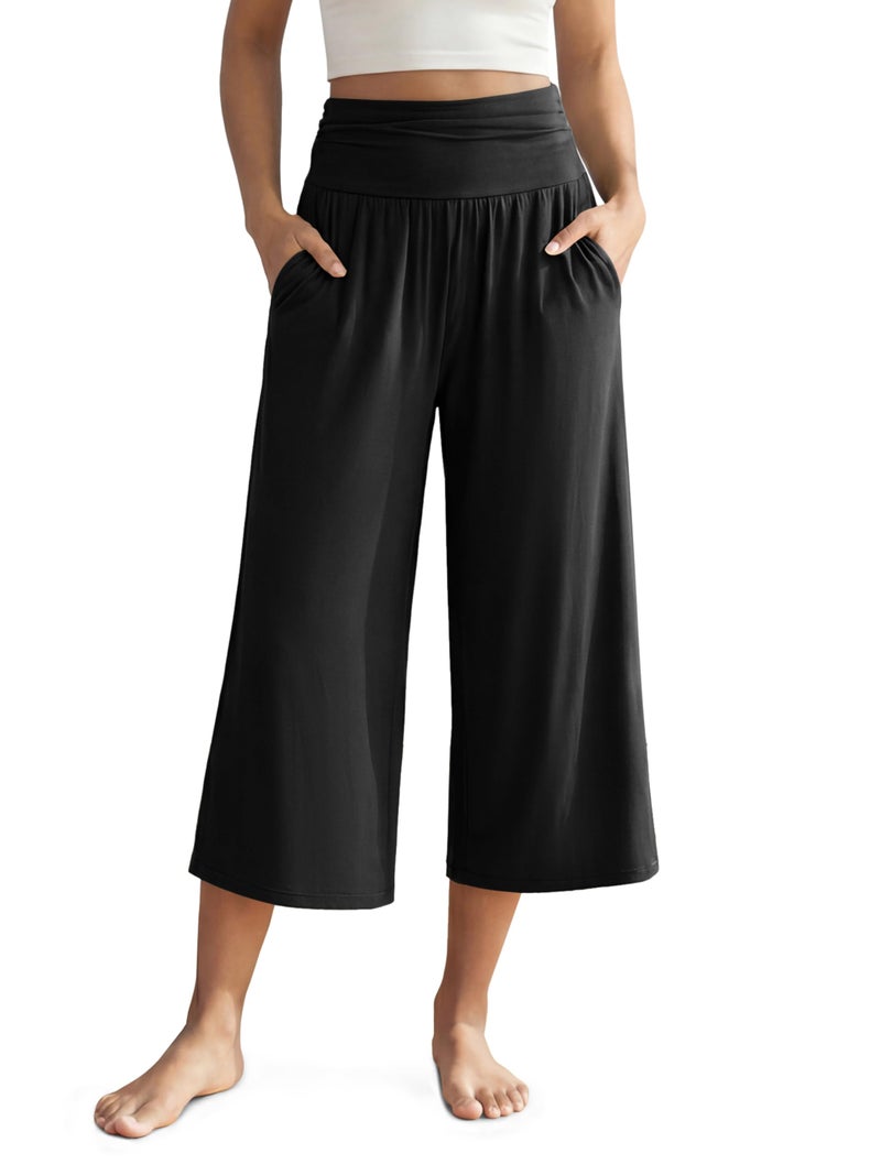 ODODOS Women's Wide Leg Palazzo Lounge Cropped Pants with Pockets Light Weight Comfy Casual Pajama Capri Pants-22 inseam, Black, X-Large - Image 1