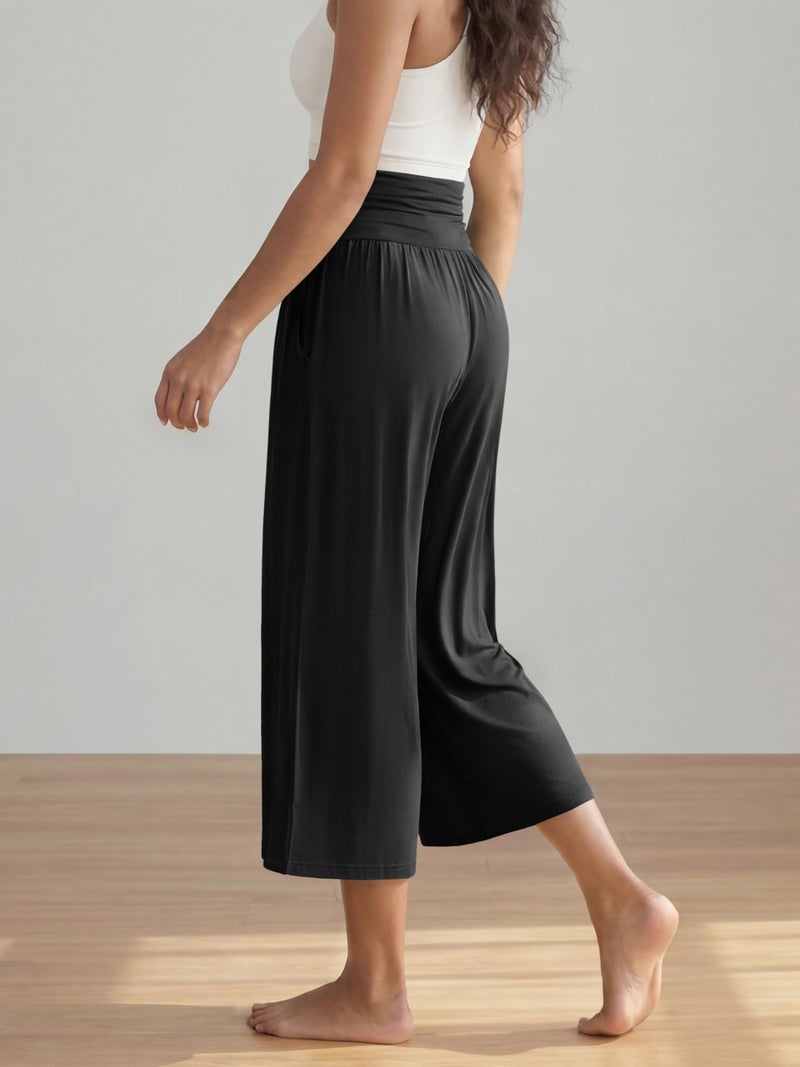 ODODOS Women's Wide Leg Palazzo Lounge Cropped Pants with Pockets Light Weight Comfy Casual Pajama Capri Pants-22 inseam, Black, X-Large - Image 2