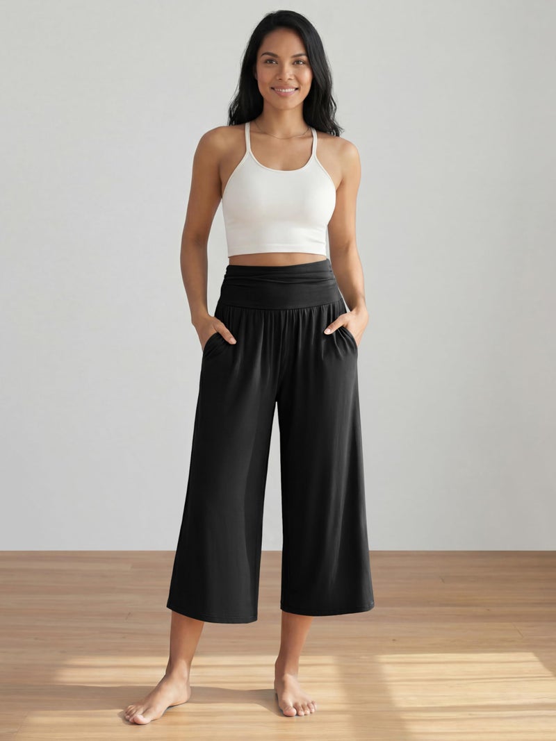 ODODOS Women's Wide Leg Palazzo Lounge Cropped Pants with Pockets Light Weight Comfy Casual Pajama Capri Pants-22 inseam, Black, X-Large - Image 4