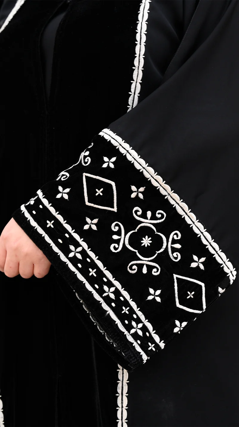 NUKHBAA  Black velvet abaya with intricate embroidery work-647 for Women | Best Price UAE