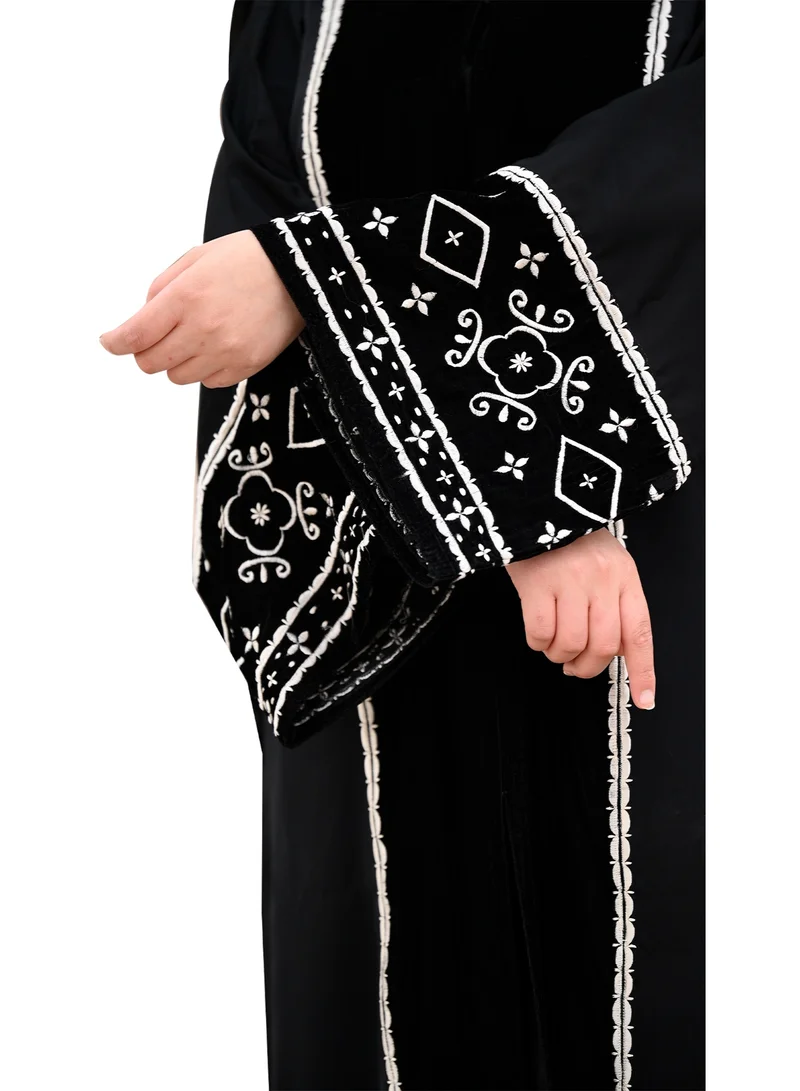 NUKHBAA  Black velvet abaya with intricate embroidery work-647 for Women | Best Price UAE