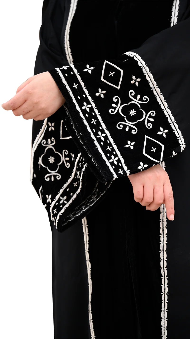 NUKHBAA Black velvet abaya with intricate embroidery work-647