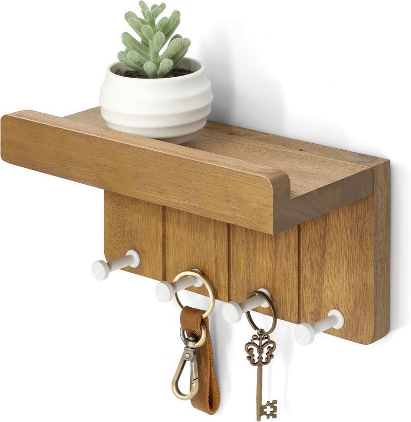 Rebee Vision Modern Farmhouse Key Holder Wall Mount - 8 inch Rustic Key and Mail Holder for Wall with 4 Hooks and Small Floating Shelf - The Perfect Aesthetic Stuff in Your Apartment (Light Brown) - Image 1