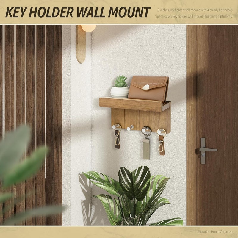 Rebee Vision Modern Farmhouse Key Holder Wall Mount - 8 inch Rustic Key and Mail Holder for Wall with 4 Hooks and Small Floating Shelf - The Perfect Aesthetic Stuff in Your Apartment (Light Brown) - Image 2