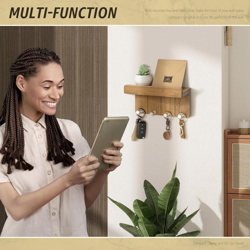 Rebee Vision Modern Farmhouse Key Holder Wall Mount - 8 inch Rustic Key and Mail Holder for Wall with 4 Hooks and Small Floating Shelf - The Perfect Aesthetic Stuff in Your Apartment (Light Brown) - Image 3