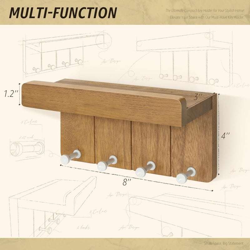 Rebee Vision Modern Farmhouse Key Holder Wall Mount - 8 inch Rustic Key and Mail Holder for Wall with 4 Hooks and Small Floating Shelf - The Perfect Aesthetic Stuff in Your Apartment (Light Brown) - Image 5