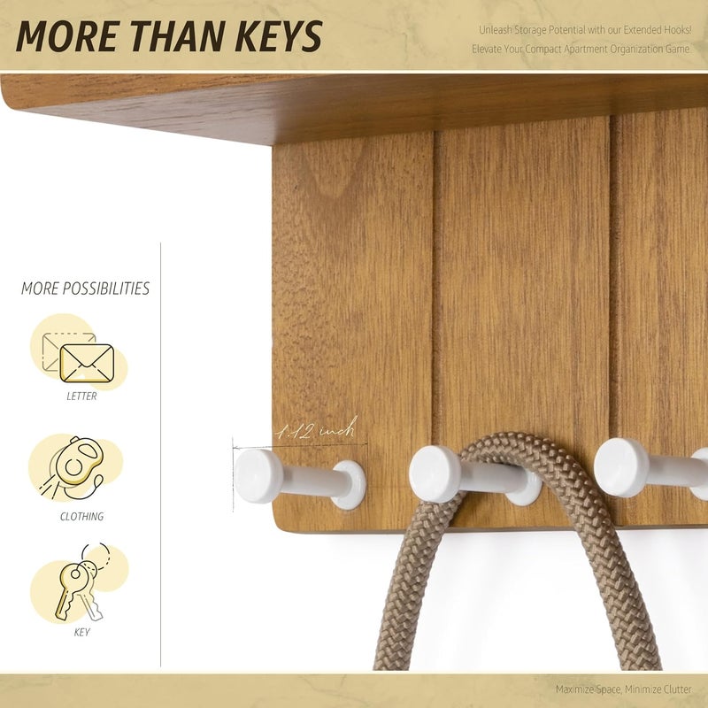 Rebee Vision Modern Farmhouse Key Holder Wall Mount - 8 inch Rustic Key and Mail Holder for Wall with 4 Hooks and Small Floating Shelf - The Perfect Aesthetic Stuff in Your Apartment (Light Brown) - Image 4