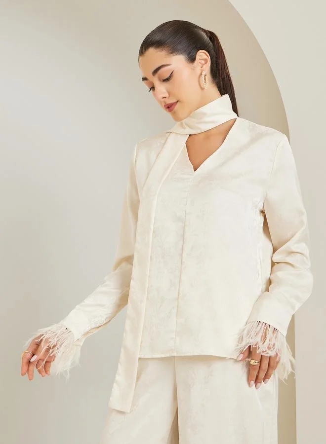 Styli  Off White Floral Jacquard Blouse with Scarf Detail for Women | Best Price UAE