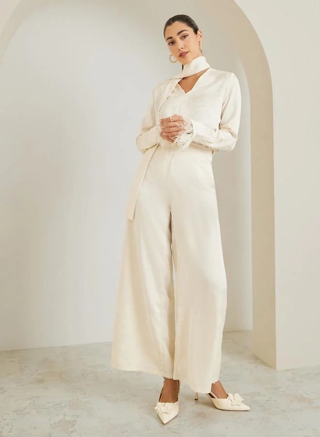 ستايلي بلوزة سكري من جاكارد الزهور مع وشاح رقبة