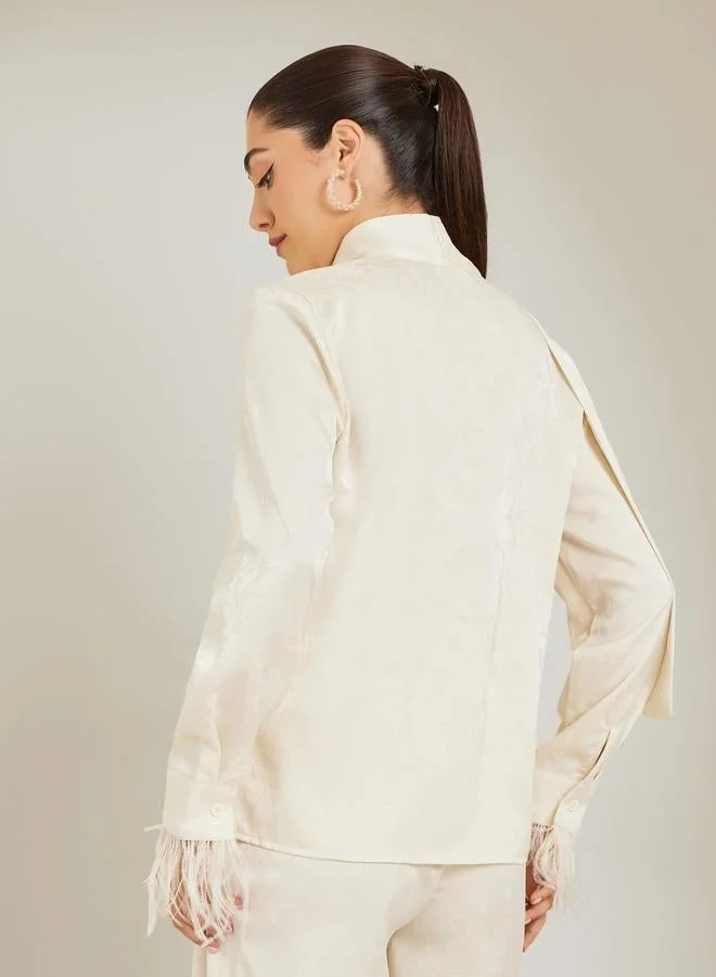 Styli  Off White Floral Jacquard Blouse with Scarf Detail for Women | Best Price UAE