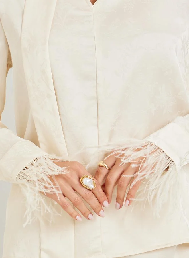 Styli  Off White Floral Jacquard Blouse with Scarf Detail for Women | Best Price UAE