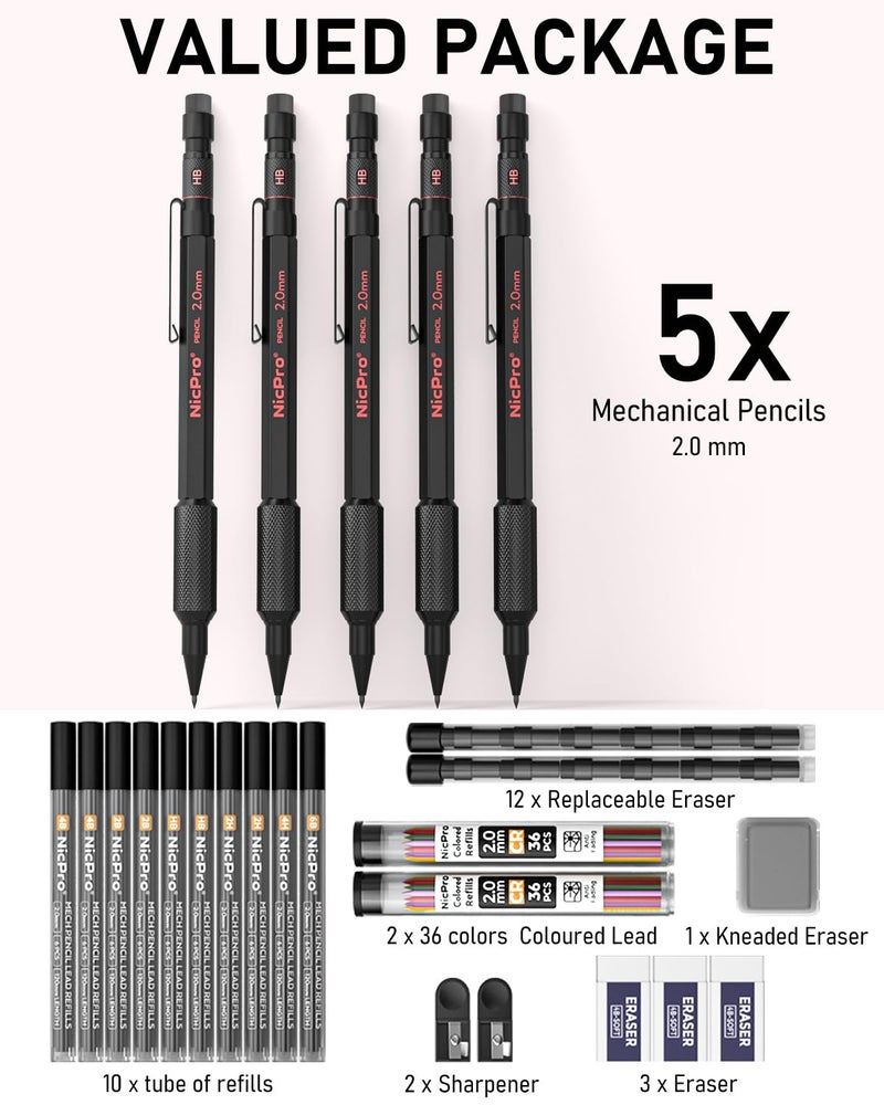Nicpro 5 Pack 2mm Mechanical Pencils Set with Case, 65 Graphite Lead Refills (6B 4B 2B HB 2H 4H), 72 Colored Lead, Erasers -Weatherproof Metal Barrel, Heavy Duty Carpenter Pencil For Drawing Sketching - Image 2