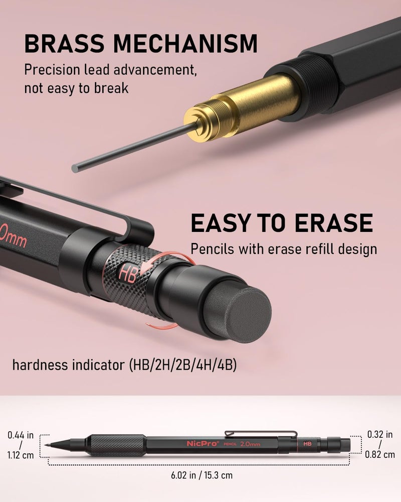Nicpro 5 Pack 2mm Mechanical Pencils Set with Case, 65 Graphite Lead Refills (6B 4B 2B HB 2H 4H), 72 Colored Lead, Erasers -Weatherproof Metal Barrel, Heavy Duty Carpenter Pencil For Drawing Sketching - Image 5