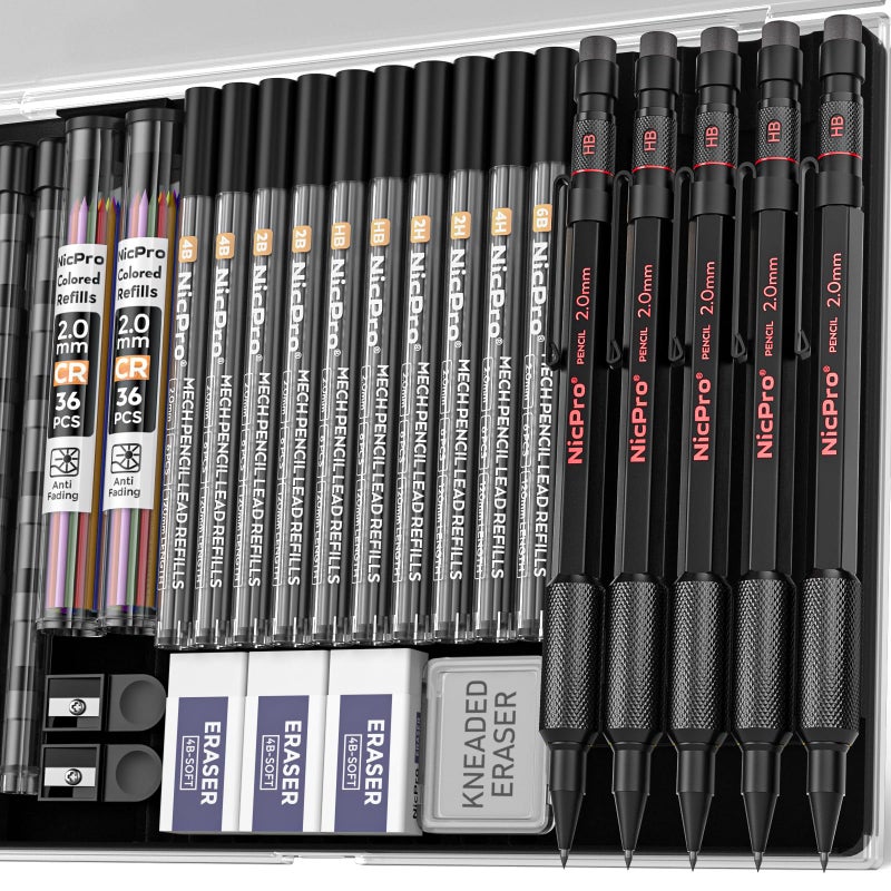 Nicpro 5 Pack 2mm Mechanical Pencils Set with Case, 65 Graphite Lead Refills (6B 4B 2B HB 2H 4H), 72 Colored Lead, Erasers -Weatherproof Metal Barrel, Heavy Duty Carpenter Pencil For Drawing Sketching - Image 1