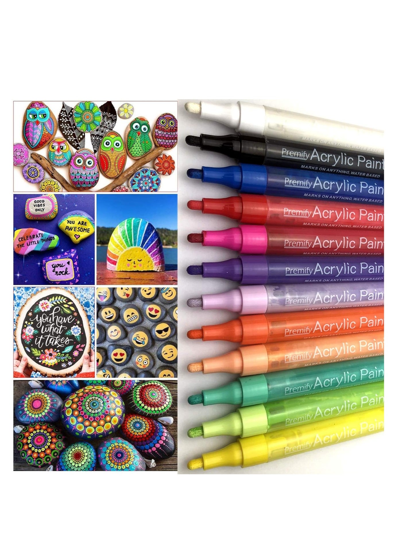 Premify Paint Pens Acrylic Markers Set (12-Color) For Rock Painting, Glass, Wood, Ceramic, Fabric, Paper, stones, Mugs, Calligraphy Drawing Colouring Artist Pen, Marker for Kids
