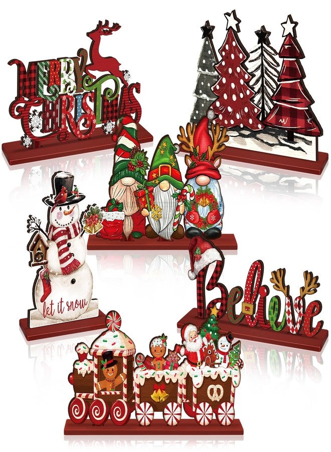 Realspring 6 Pcs Christmas Table Decorations Wood Centerpieces Decor Merry Christmas Gingerbread Gnome Xmas Tree Tabletop Standing Signs(Classic Style) - Image 1