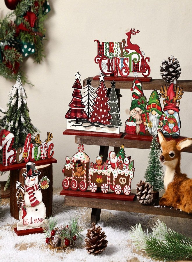 Realspring 6 Pcs Christmas Table Decorations Wood Centerpieces Decor Merry Christmas Gingerbread Gnome Xmas Tree Tabletop Standing Signs(Classic Style) - Image 2