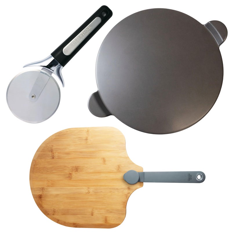 Old Stone Pizza Making Kit Includes 15inch Round Glazed Pizza Stone Bamboo Pizza Peel and Pizza Cutter
