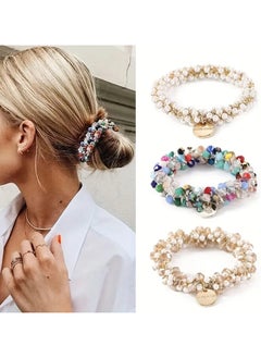 Set of 3 Elegant Crystal and Pearl Hair Ties for Women and Girls - Colorful Beaded Elastic Ponytail Holders, Stylish Acrylic Hair Accessories, Elegant Hair Ties|Trendy Hair Accessory|Pearl Embellishments