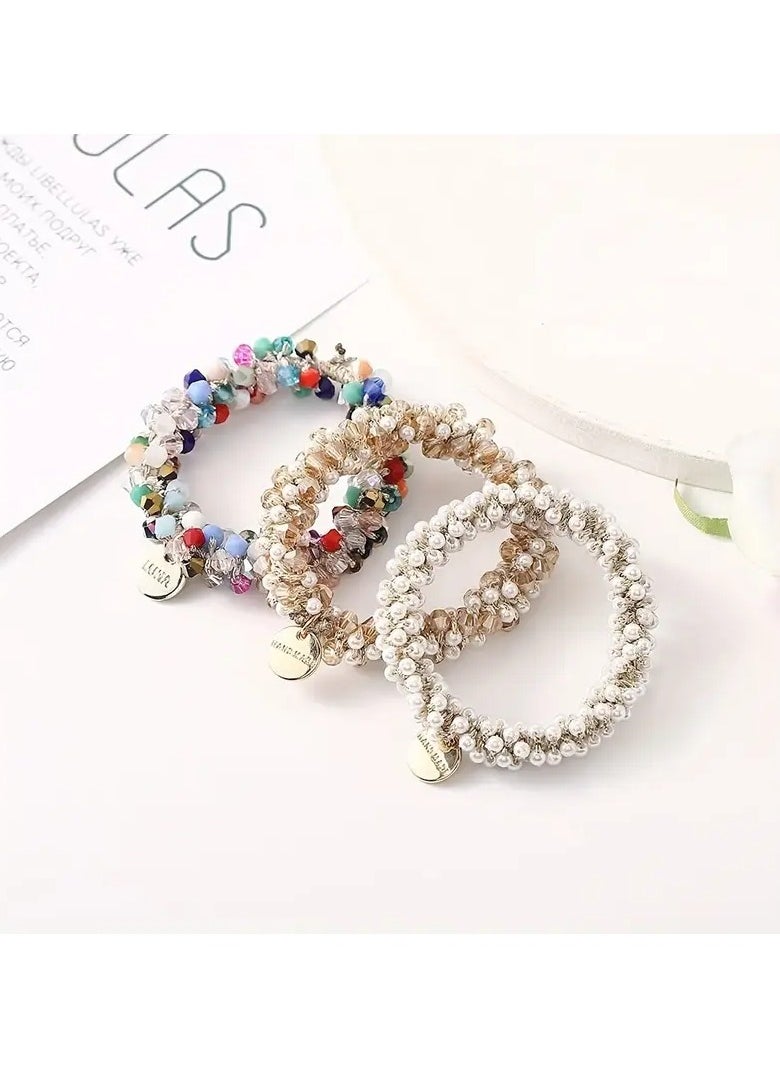 Goolsky - Set of 3 Elegant Crystal and Pearl Hair Ties for Women and Girls - Colorful Beaded Elastic Ponytail Holders, Stylish Acrylic Hair Accessories, Elegant Hair Ties|Trendy Hair Accessory|Pearl Embellishments - Image 1