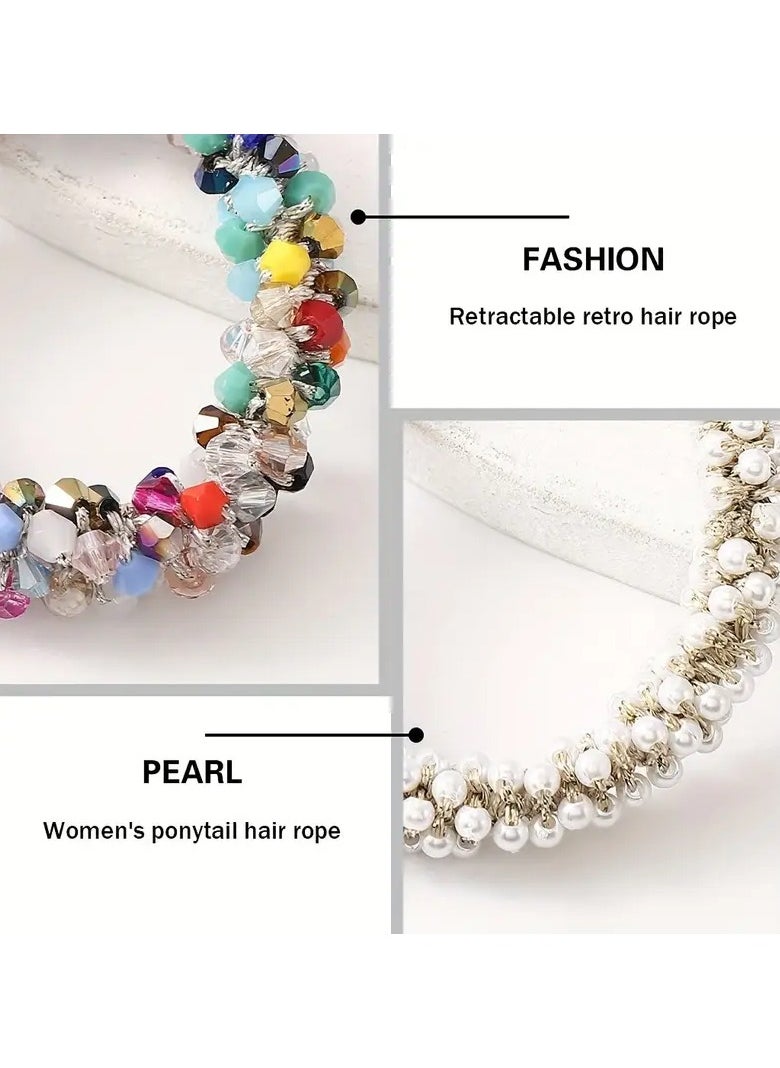 Goolsky - Set of 3 Elegant Crystal and Pearl Hair Ties for Women and Girls - Colorful Beaded Elastic Ponytail Holders, Stylish Acrylic Hair Accessories, Elegant Hair Ties|Trendy Hair Accessory|Pearl Embellishments - Image 1