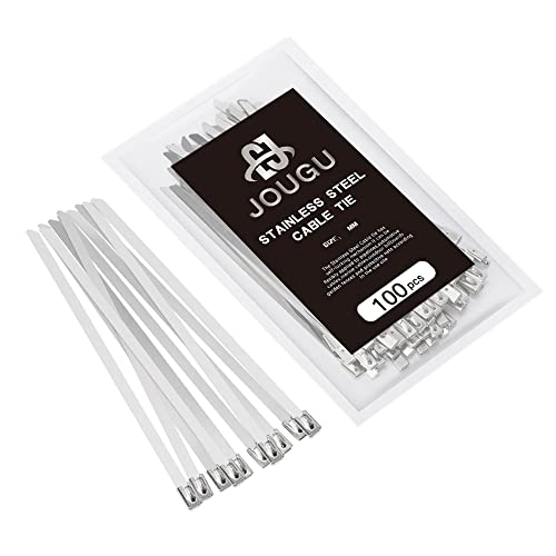 JOUGU Metal Zip Ties 11.8 inch 100pcs 304 Stainless Steel Locking Cable 250LB 300mm Heavy Duty Exhaust Wrap Multi Purpose Binding for machinery, vehicles, farms, cables, pipes,Fence - Image 1