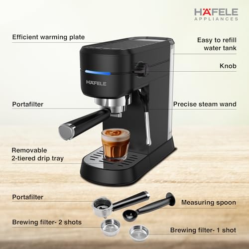Hafele U-Kaffee Espresso Coffee Machine, 15-Bar Pressure, Removable Water Tank (1L), Single/Double Espresso, Cappuccino & Latte, Thermoblock Technology, 1450 W - Image 3