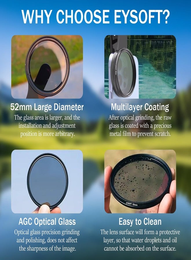 EYSOFT 52mm Clip-on CPL Phone Camera Lens Filter Kit, Circular Polarizer Polarizing Filter Compatible with iPhone 16 15 14 13 12 11,Upgrade Smartphones Portable Polarizer - Image 2