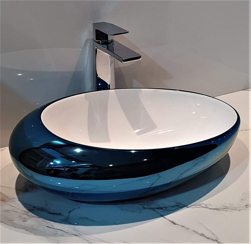 B BACKLINE ب باكلين حوض غسيل مصمم بشكل بيضاوي من السيراميك عالي الجودة للكونتر العلوي 19 × 12 × بوصة بتشطيب لامع أزرق أبيض - Image 2