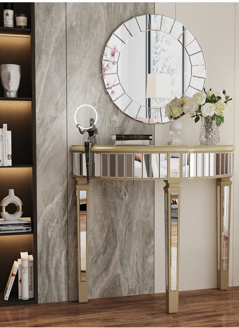 WISFOR - 90x35cm  Half Moon Glass Console Table Mirrored Finish Semi-Circle Table Top Entryway Decorative Desk with Golden Frame Glass Side Panels 3 Legs for Living Room Bedroom Hallway Display - Image 1