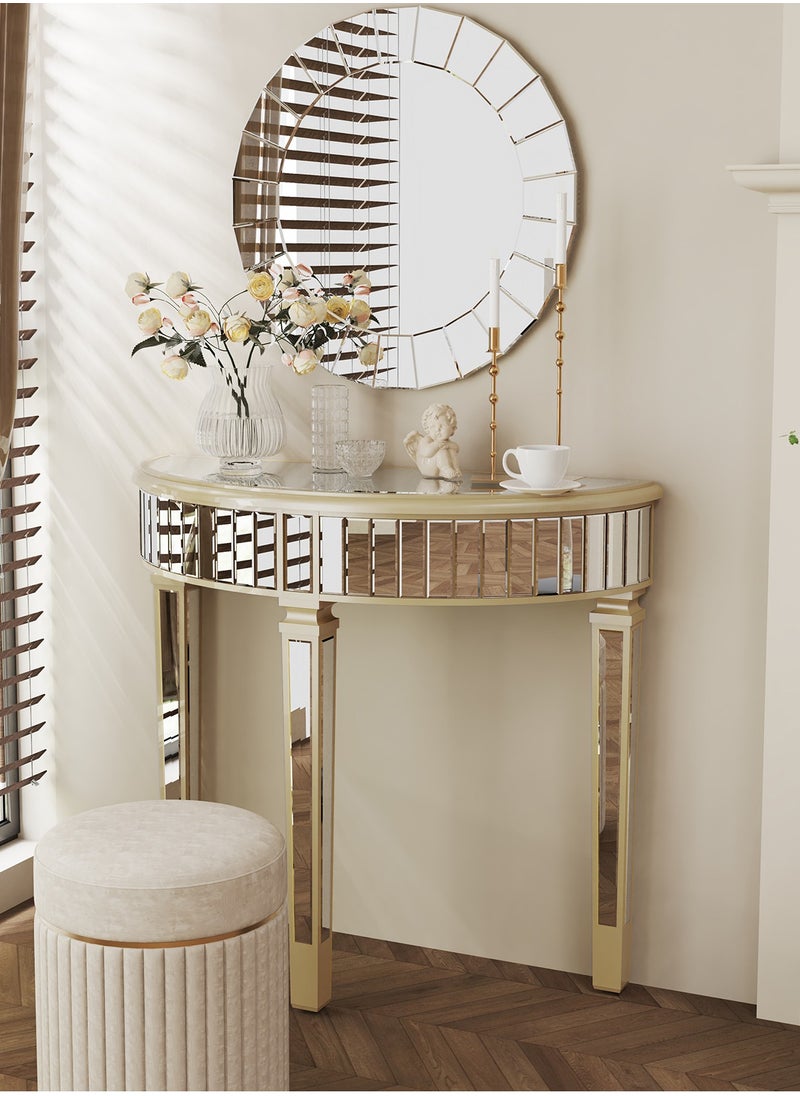 WISFOR - 90x35cm  Half Moon Glass Console Table Mirrored Finish Semi-Circle Table Top Entryway Decorative Desk with Golden Frame Glass Side Panels 3 Legs for Living Room Bedroom Hallway Display - Image 1