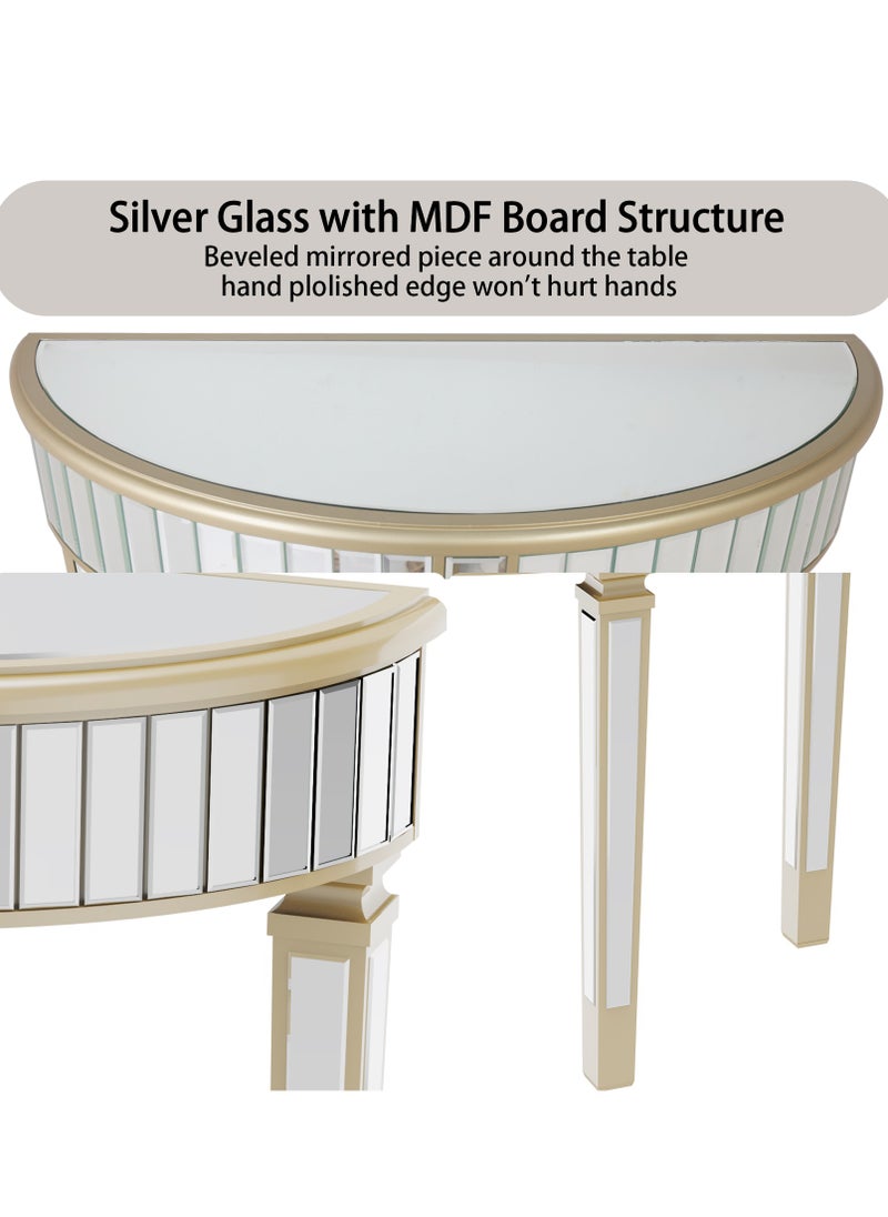 WISFOR - 90x35cm  Half Moon Glass Console Table Mirrored Finish Semi-Circle Table Top Entryway Decorative Desk with Golden Frame Glass Side Panels 3 Legs for Living Room Bedroom Hallway Display - Image 1