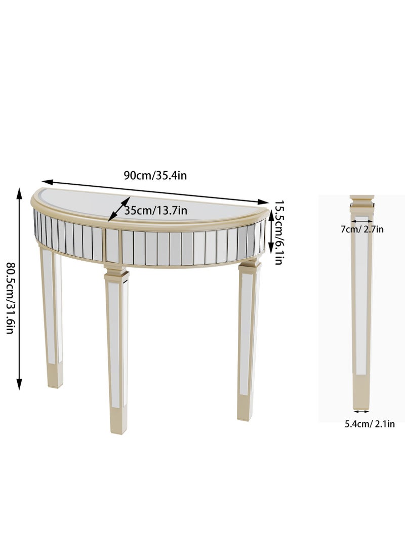 WISFOR - 90x35cm  Half Moon Glass Console Table Mirrored Finish Semi-Circle Table Top Entryway Decorative Desk with Golden Frame Glass Side Panels 3 Legs for Living Room Bedroom Hallway Display - Image 1